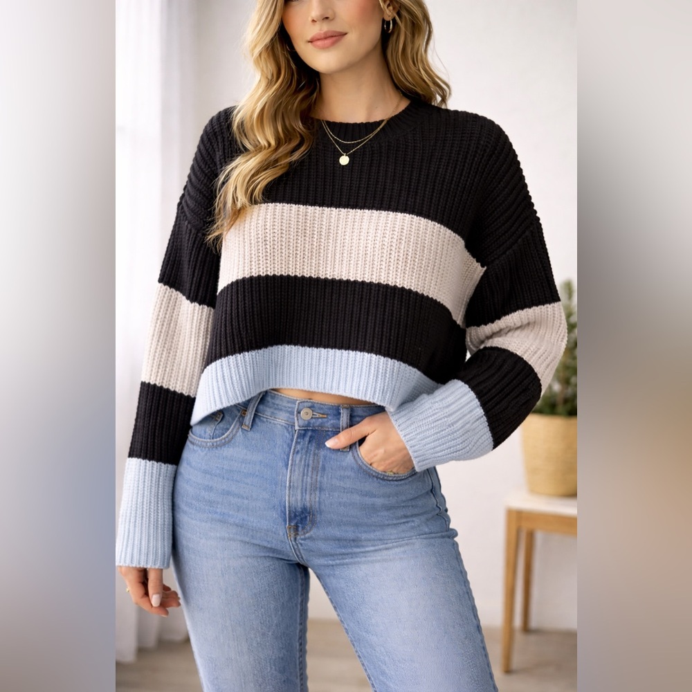 Mi Ami Cropped Chunky Knit Colorblock Sweater Black Cream Blue L